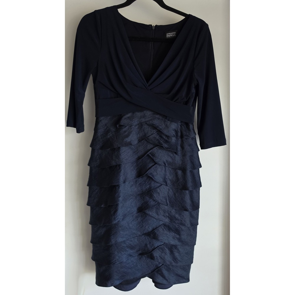 Adrianna Papell Midi Dress Size 8P Navy Formal V-Neck 3/4 Sleeve Classic